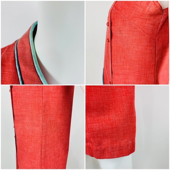 Vintage 1960s Red Shift Dress Asian Motif Pocket Housedress Frog Closures | B 36 - Picture 9 of 11